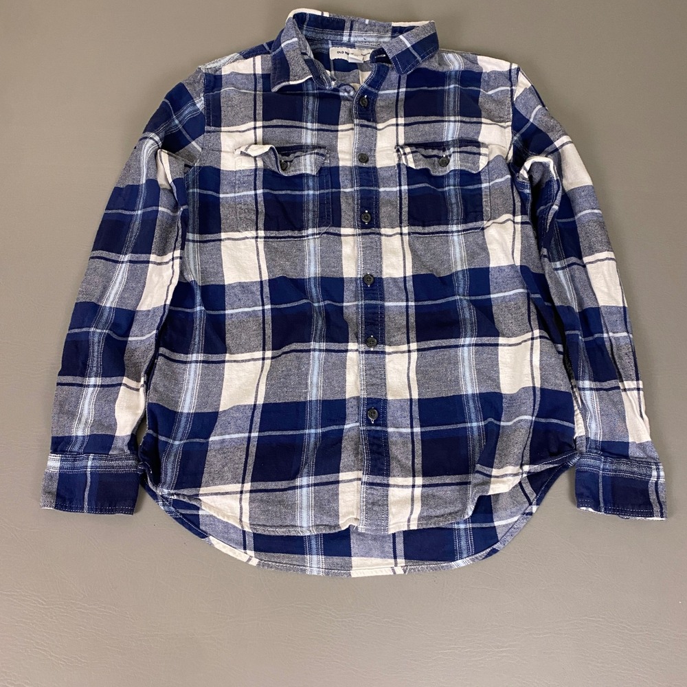 Old Navy Flannel Shirt Men's Medium Blue Plaid  Regular Fit Stretch Long Sleeve